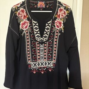 Johnny Was Black Tunic with Red and White Embroidery